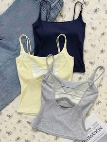 Tseoso Women's 3-Pack Ribbed Camisole Tops With Built-In Padded Bra,Navy Blue,Summer,Casual,Everyday Versatile Tank Tops,Y2K Retro Soft Girl Back To School - Black - View 4