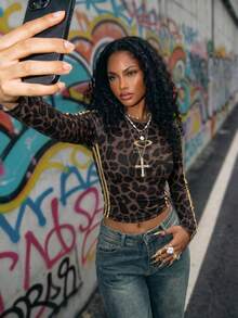 Rovax Vintage Leopard Print Digital Fitted Crew Neck Long Sleeve Women's Spring/Autumn Base Layer Top - Multicolor - View 4