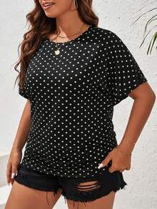 SHEIN Frenchy Áo thun nữ cỡ lớn cổ tròn màu đen họa tiết chấm bi, kiểu dáng thường ngày, áo đen, áo thun mùa hè, trang phục mùa hè, quần áo mùa hè - Đen và trắng - Xem 3