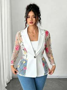Elenzga Plus Size Women Floral Embroidery Mesh Patchwork Elegant Blazer - White - View 1