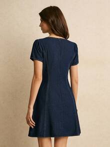 Poéselle Women's Casual Front Button V-Neck Short Sleeve Denim Mini Dress, Autumn Dress, Outfits, Navy Blue Button, Casual,Elegant Dress, Holiday Dress. Date - Black - View 2