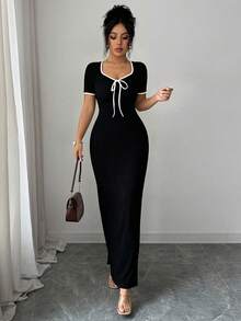 Elenzga Đầm dài tay ngắn ôm dáng, thanh lịch, lãng mạn màu mơ, cổ tim, thắt nơ ở eo, dành cho nữ, thích hợp cho mùa xuân/hè. - Đen và trắng - Xem 3
