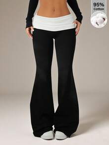 SHEIN PETITE Women's Contrast Striped Drawstring Casual Straight Leg Pants, Versatile For Spring/Summer, Includes Built-In Undershorts - Black and White - View 7