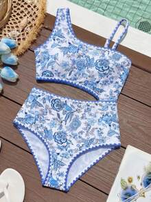 SHEIN 少女花卉撞色贝壳刺绣连体泳衣，适合夏季度假 - 藍白色 - 查看 3