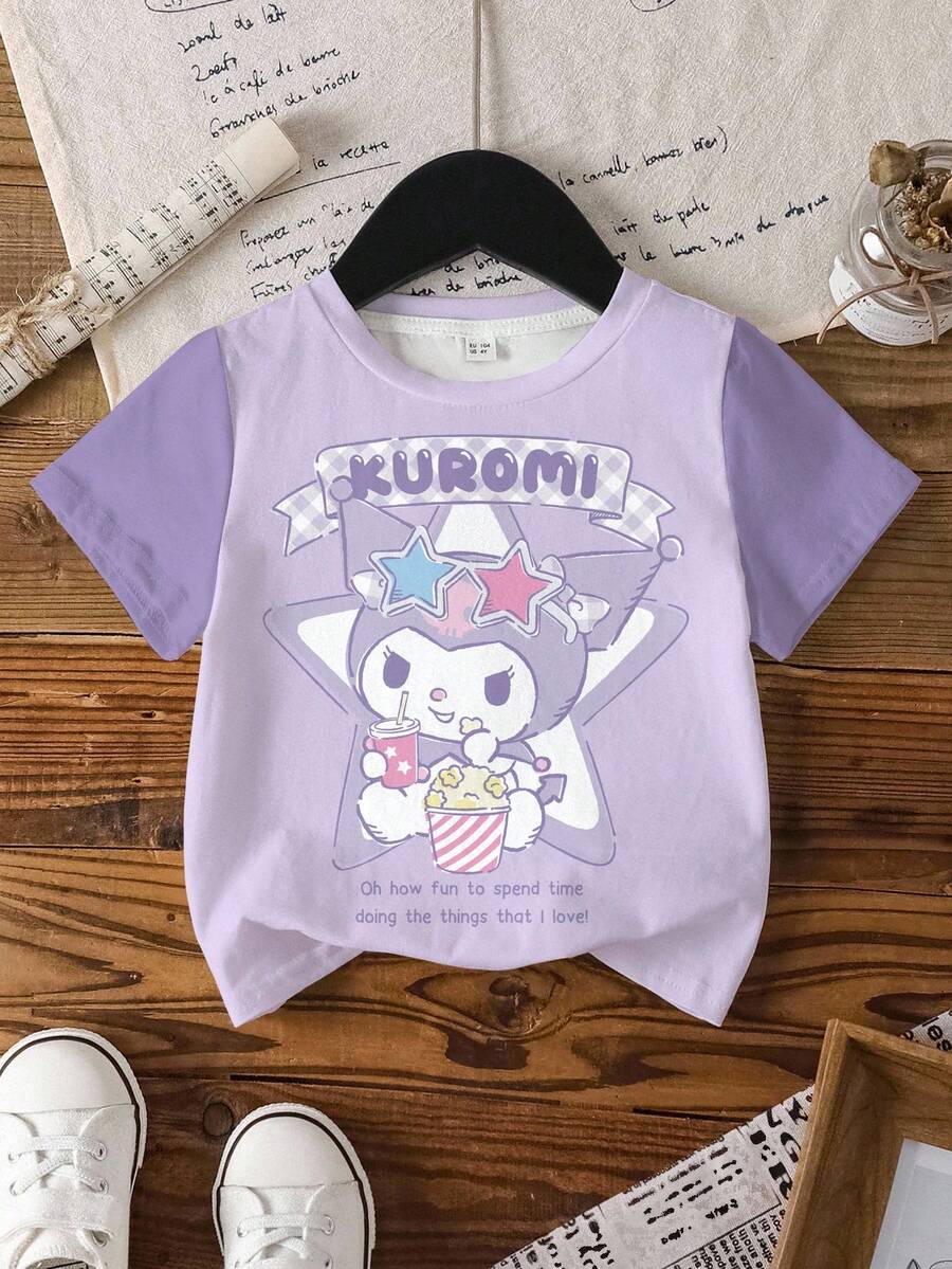HELLO KITTY AND FRIENDS | SHEIN 女婴字母卡通印花圆领短袖T恤 - 白色 - 查看 1