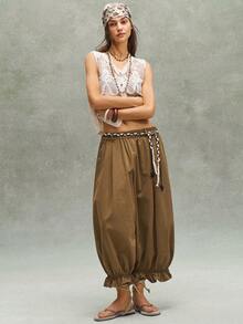 Bohemela 女士宽松纯色梭织长裤，春夏款 - 軍綠色 - 查看 4