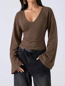 LYSMO 2026 Women's Minimalist Solid Color Bell Sleeve Casual Shirt, Suitable For Commuting, Christmas, New Year, Thanksgiving, Graduation And Other Occasions. Elegant, Stylish, And Perfect For Casual Wear At Home. Deep V-Neck Design In Coffee Brown Color.,Summer Top - Coffee Brown - View 5