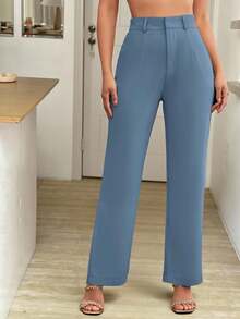 Easowa Pantalones rectos plisados de unicolor simples y regulares para mujer en otoño/invierno - Celeste - Ver 9
