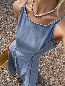 DAZY Đầm denim không tay dành cho nữ, thích hợp cho mùa xuân và mùa hè. - Màu xanh lam - Xem 1