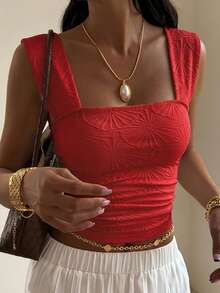 DAZY Women's Pleated Jacquard Textured Fitted Camisole, Suitable For Daily Wear - Red - View 4