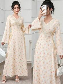 Yasmyna V-Neck Floral Print Contrast Tie-Dye Flare Sleeve Dress, Spring/Summer - Yellow - View 3