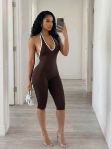 BamGleam Bộ jumpsuit ôm sát gợi cảm không đường may SHEIN, kiểu cổ yếm hở lưng, cổ chữ V sâu. - Màu nâu  Mocha - Xem 6
