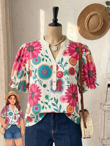 Rusticease Women's Casual Floral Print Shirt,Summer Top - Apricot - View 4