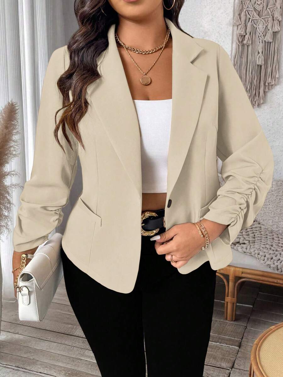 SHEIN LUNE Áo khoác ngắn nhẹ, dáng suông, thắt eo, dành cho nữ cỡ lớn - Màu Khaki - Xem 1