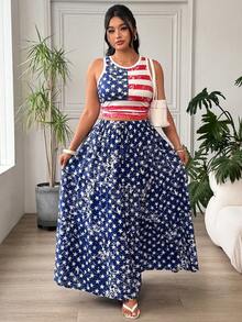 SHEIN EZwear 大码女式美国国旗印花休闲背心和迷你裙两件套 - 彩色 - 查看 4