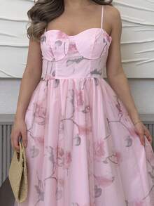 Jemour Vestido largo elegante con estampado floral de rosas sin mangas con corte evasé y ribete de volantes, vestido maxi de gasa romántico para primavera/verano y resort, estilo favorecedora para fiestas - Rosa - Ver 5