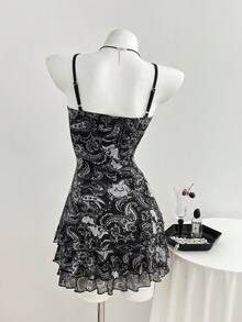 Elamini Vestido de mujer, estampado de París, escote en V profundo y sexy, parche de encaje, falda con volantes multicapa - Negro - Ver 2