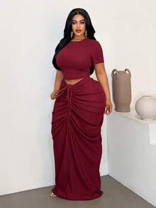 Maweii Plus Size Sexy Fitted Beach Ruched Skirt Set - Burgundy - View 1