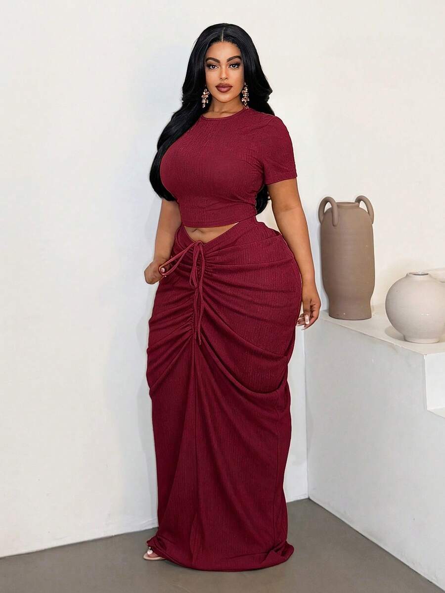Maweii Plus Size Sexy Fitted Beach Ruched Skirt Set - Burgundy - View 1