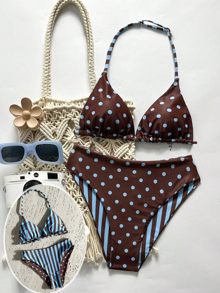 SHEIN 少女款吊带比基尼,夏季海滩度假棕色和蓝色波点条纹图案 - 棕色 - 查看 1