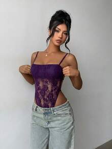 Aloruh Solid Color Sheer Lace Patchwork Backless Sexy Camisole Bodysuit - Purple - View 3