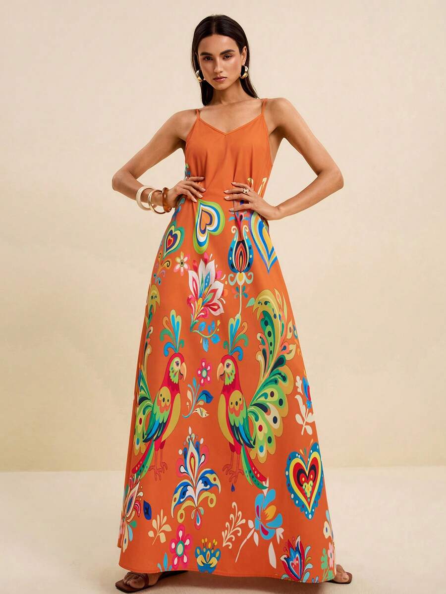 LOTSLUV Vestido de vacaciones con estampado de flores, pájaros y corazones, de cuello en V y tirantes finos, color rojo óxido, para mujer, primavera/verano - Naranja Coral - Ver 1