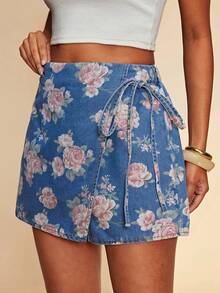 Travachic Quần short denim nữ kiểu dáng thường ngày, thắt eo, họa tiết hoa, thích hợp cho mùa hè. - Rửa trung bình - Xem 8