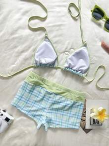 Swim Mod Women's Swimwear Bikini,Check Graphic Gingham Swimshorts,Blue,Summer,Cute,Retro Vintage,Pool Party,Holiday,Boho Vacation,Beach Outfits,Fourth Of July - Lime Green - View 3