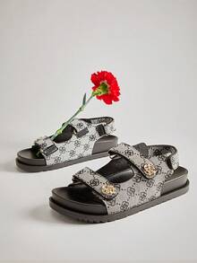 SHUZIA Sandalias de plataforma con estampado de estado, con cierre de correas de gancho y bucle y punta abierta decorativa para mujeres - Negro - Ver 5