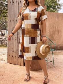 EMERY ROSE Plaid Patchwork Print V-Neck Button Decor Plus Size Dress - Coffee Brown - View 3
