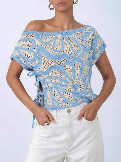 Maija Women's Vacation Casual Contrast Color Hollow Out Lace-Up Knit Top, Summer Tops , Tops For Going Out, Elegant Women's Blouses , Casual Blouses For Women, Summer, Summer Outfit For Women , Going Out Outfits, Birthday Outfits For Women , Holiday Outfits For Women, Vacation, Summer Holiday Outfits, Country Style For Women, Beach Outfits For Women
