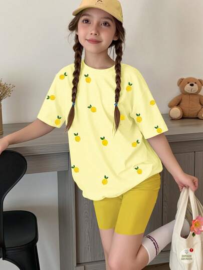 2-delige casual set voor tienermeisjes: schattig T-shirt met korte mouwen en skinny shorts met tropisch fruit en citroenborduurwerk, geschikt voor zomerfeestjes, retro botanische stijl