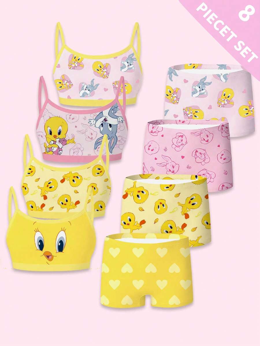 LOONEY TUNES X SHEIN GraphicGems 8pcs/Set Girls Cute Animal Print Camisole And Briefs Underwear Set, Comfortable Outfit Autumn Fall - Multicolor - View 1