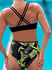 Swim Nautrix Traje de baño de una pieza con estampado geométrico fluorescente amarillo para mujer, adecuado para piscina, playa y surf en verano y primavera - Amarillo - Ver 4