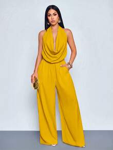 SOLERSUN Women's Elegant Vacation Mustard Yellow Halter Cowl Neck Backless Pockets Wide Leg Jumpsuit, Suitable For Office Bar Party Business Summer - Yellow - View 6