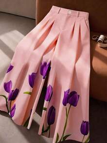 GlowEve CURVE Plus Size Elegant Floral Color Block Pants, Elastic Waist Suit Pant Design, Suitable For Daily Commute, Outing, Party And Vacation Wear - Pink - View 3