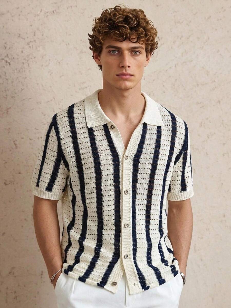 Manfinity Homme Camiseta de punto casual de manga corta con rayas y abertura de hombre - Multicolor - Ver 1
