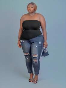 CurvyTilda Plus Size Casual Distressed Slim Fit Denim Jeans, For Hourglass Body Shape - Black - View 7