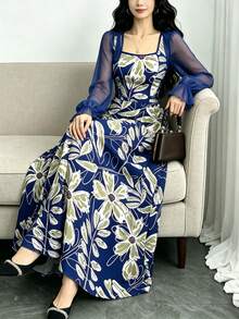 Modelyn 花卉植物线条印花藏蓝色连衣裙，女士时尚方领灯笼袖设计连衣裙，夏季收腰长款优雅连衣裙，适合夏季度假和日常穿着。 - 彩色 - 查看 5