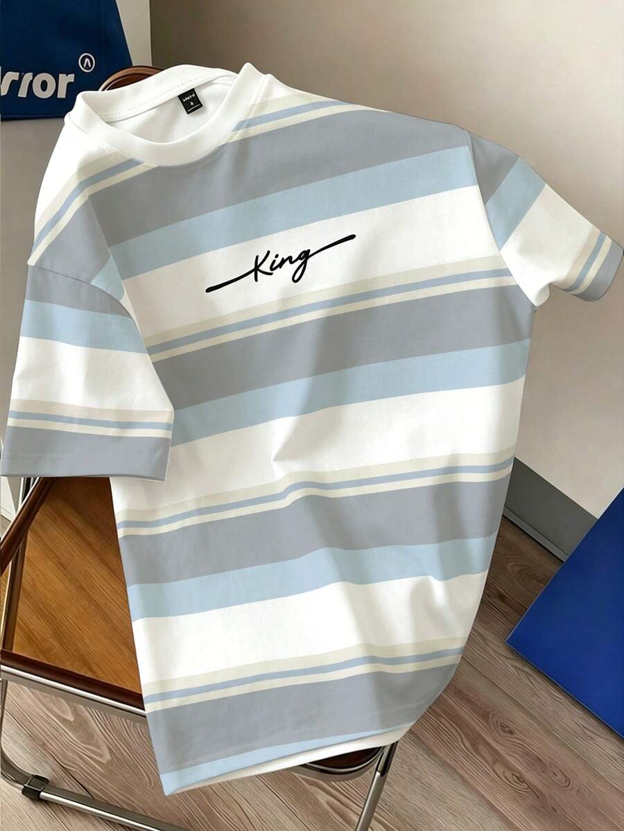 Daypath Camiseta casual de hombre con bloques de color, rayas y estampado de letras, para verano - Celeste - Ver 1