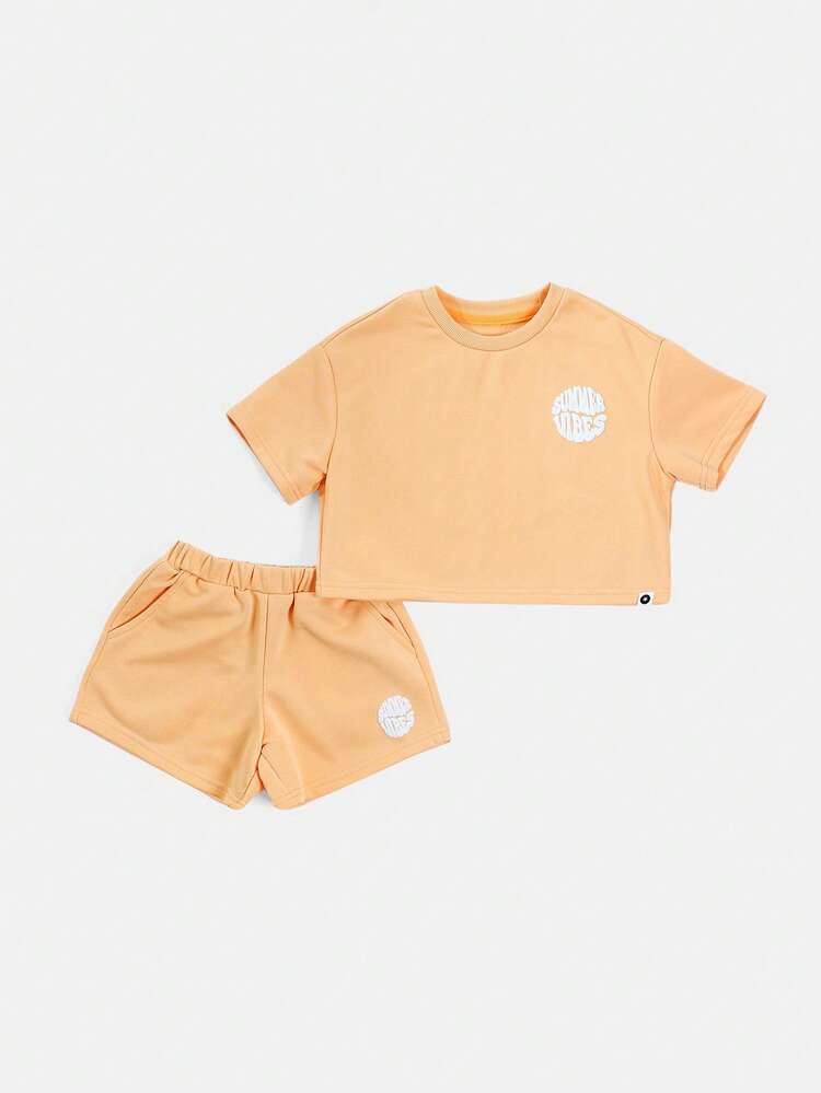 Girls Summer Vibes Peach Co-Ord Set Crop T-Shirt With Shorts Casualwear Two Piece Outfit