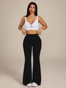 SHEIN PETITE Quần yoga 2 trong 1 màu đen co giãn dành cho nữ, có gấu váy xếp ly, ống loe, mùa xuân 2026. - màu đen - Xem 8