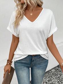EMERY ROSE Kaos Wanita Lengan Pendek Kerah V dengan Lipatan Manset, Kasual untuk Semua Acara, Musim Semi/Panas - Putih - View 3