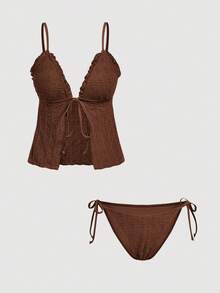 SHEIN MOD Women's Solid Color Swimwear Set For Vacation & Beach - Brown - View 4