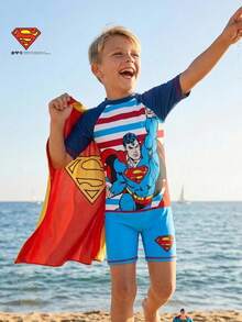 SUPERMAN X SHEIN Maija Kids 男童春夏修身拼接泳装，合作款 - 藍色 - 查看 2