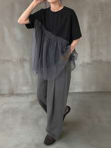 FRIFUL Women's Mesh Patchwork Minimalist Daily Wear Round Neck Short Sleeve T-Shirt Summer - Black - View 2