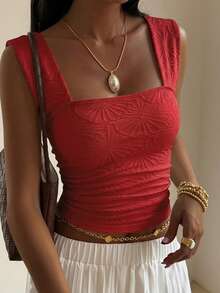 DAZY Women's Pleated Jacquard Textured Fitted Camisole, Suitable For Daily Wear - Red - View 3