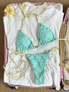 Swim Mod Bikini Segitiga Dua Potong Tanpa Punggung Leher V Bolak-balik Motif Bunga Matahari Hijau Mint & Manis untuk Wanita, Cocok untuk Musim Panas, Pesta Pantai, dan Liburan. - Cadet Blue - View 3