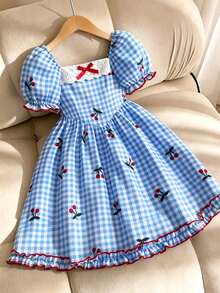 SHEIN Elladie kids 1pc Girls' Summer New Off-Shoulder Puff Sleeve Ruffle Trim Bow Tie Waist Plaid A-Line Cute Sweet Princess Dress - Blue and White - View 2