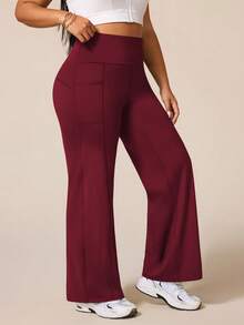 SHEIN Rhythm Era Plus Size Women High Waist Loose Solid Color Sports Leggings - Burgundy - View 4